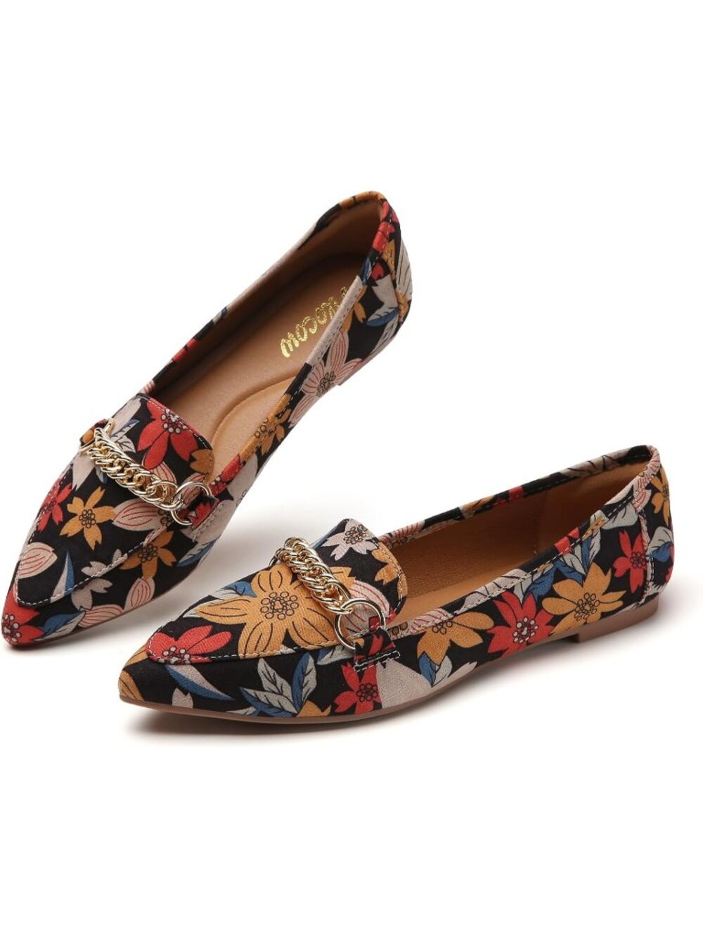Women's Floral Comfortable Pointed Toe Slip on Flats Loafers Metal Chain Shoes